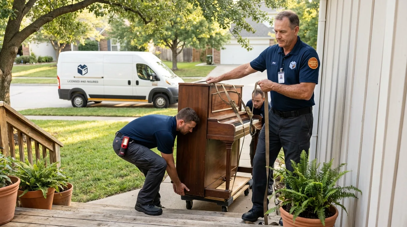 Licensed piano movers securing grand piano in Millington, TN
