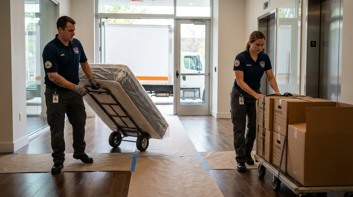 Professional apartment movers loading elevator in Millington, TN