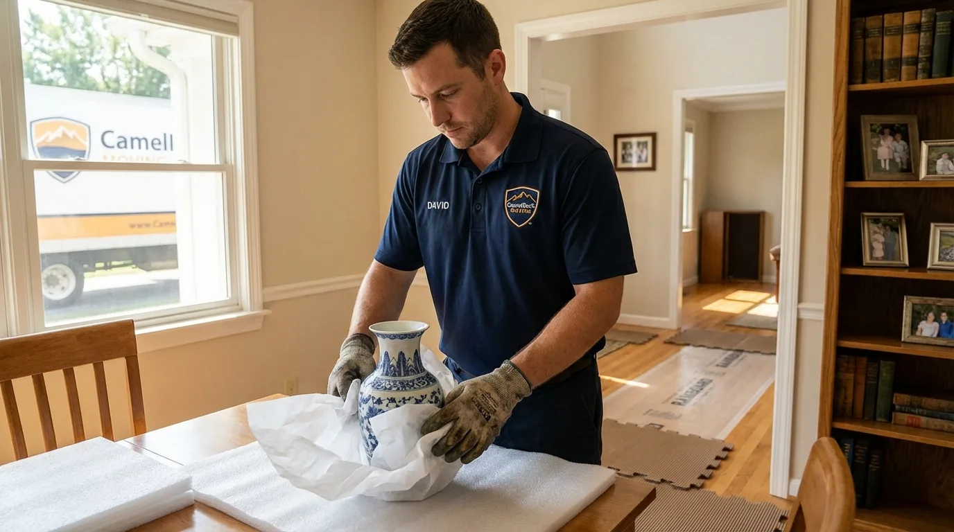 Professional crew carefully wrapping antique vase for senior downsizing move in Millington, TN